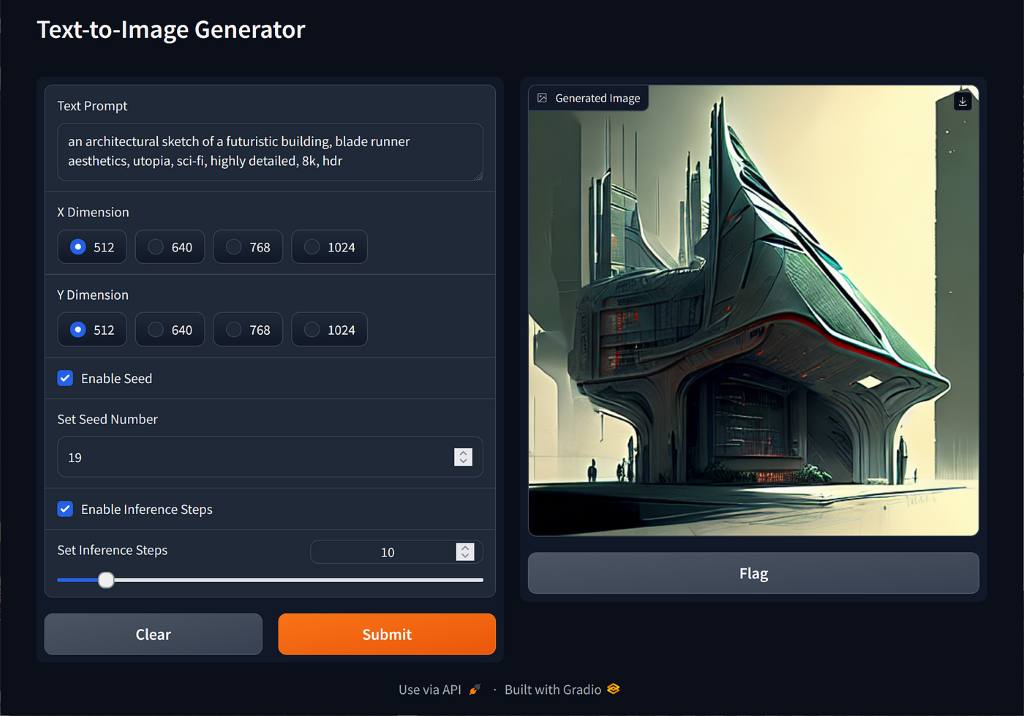 Step-by-step text prompt to high-quality image generation interface
