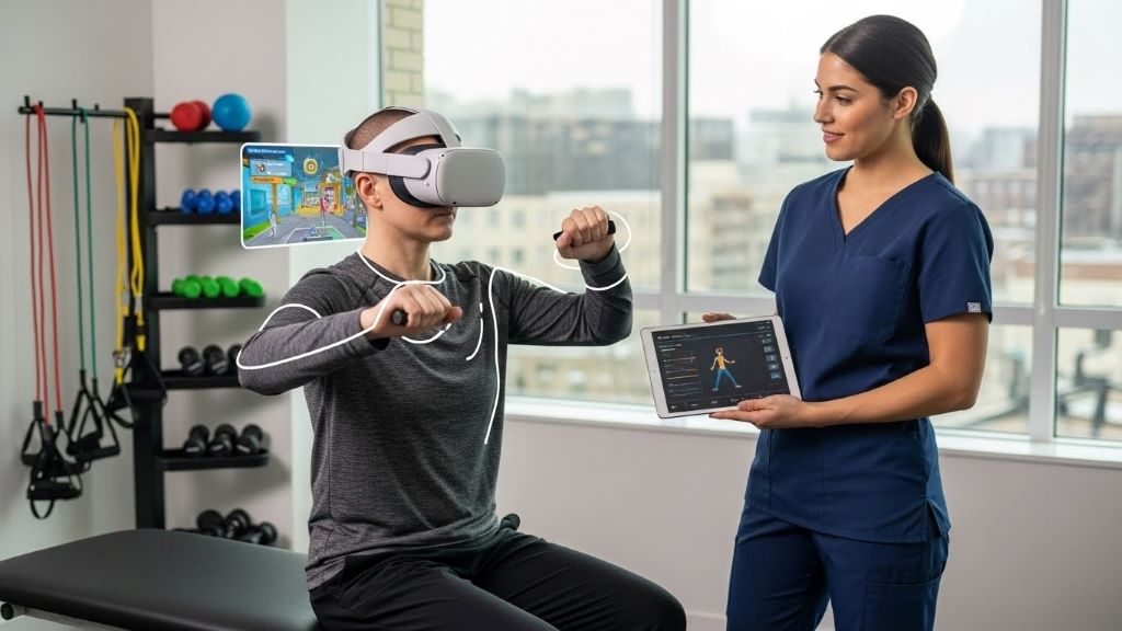 Person using virtual reality headset for smart rehabilitation exercise while physical therapist monitors progress on tablet