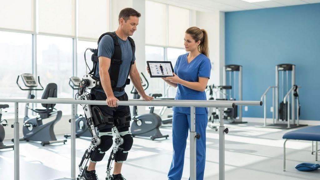 Patient wearing robotic exoskeleton during physical therapy rehabilitation session with therapist supervising