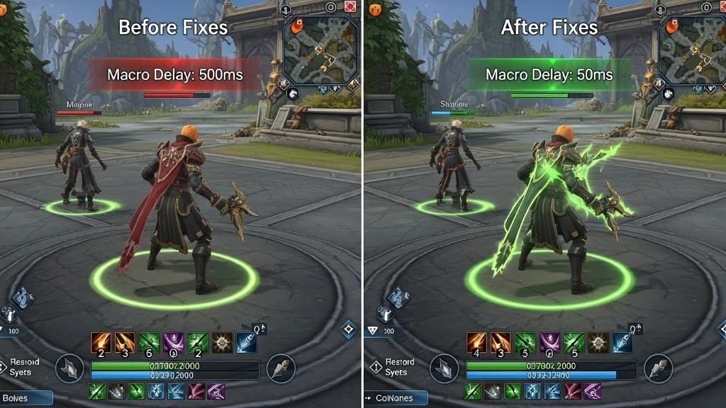 Comparison screenshot showing macro delay problem before and after applying software fixes and adjustments