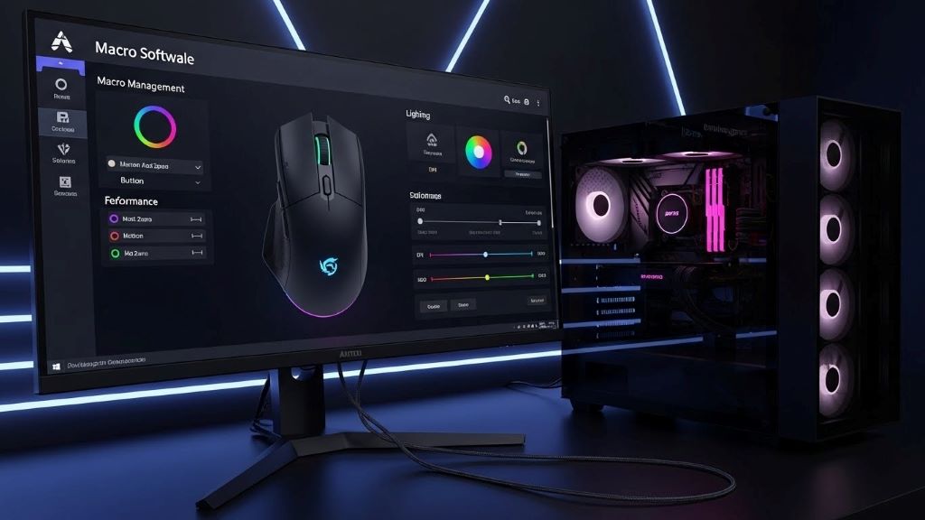 Akitsu gaming mouse connected to computer USB port showing macro software interface on screen