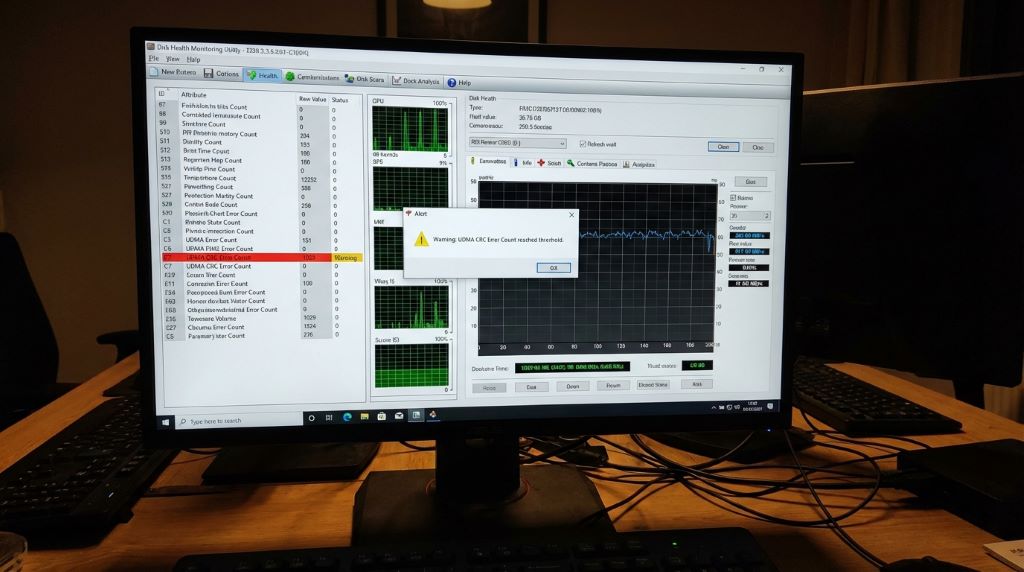 UDMA CRC error count warning shown in disk health monitoring software