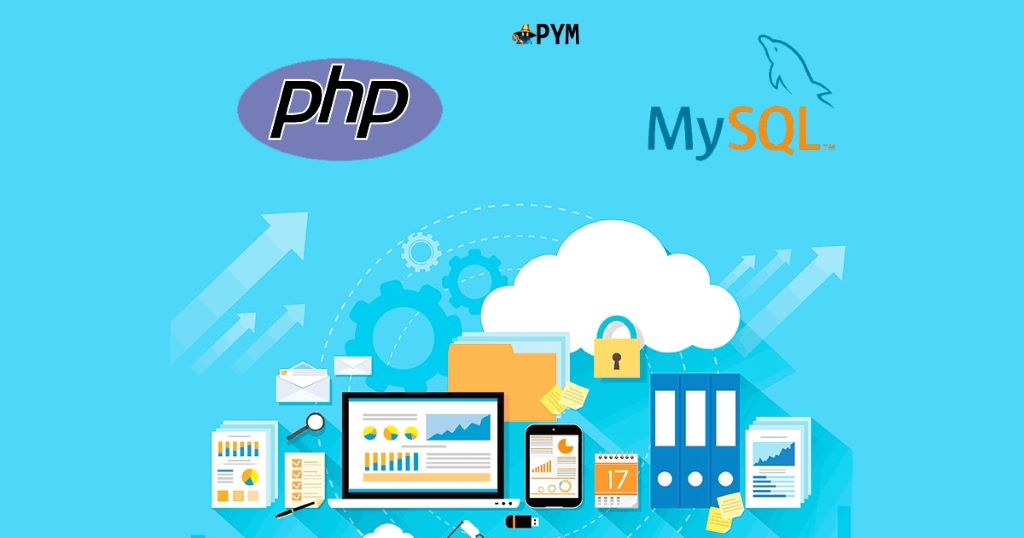 Illustration of PHP backend development with database connection, queries, and data flow visualization