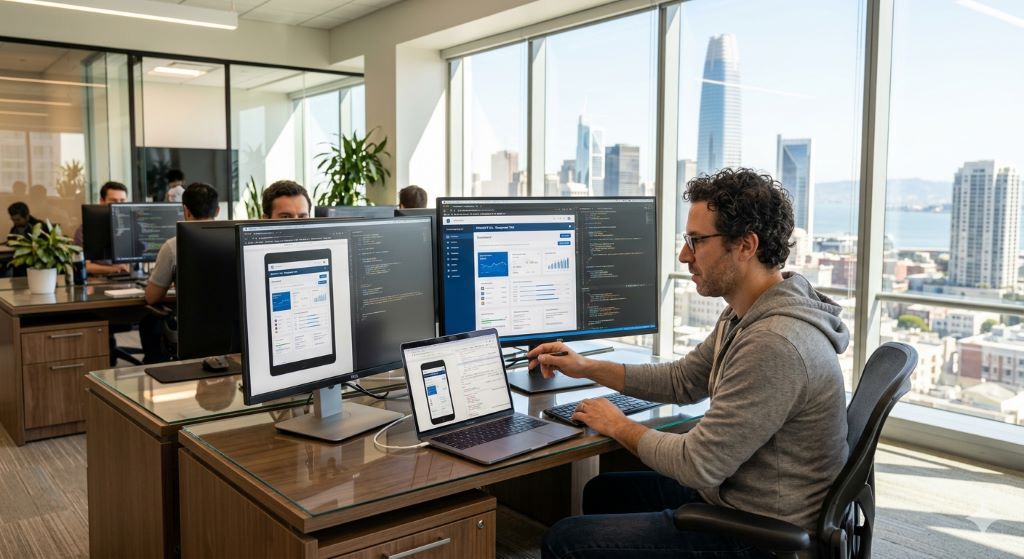 Developer coding and testing dynamic web pages on a laptop in California CA office