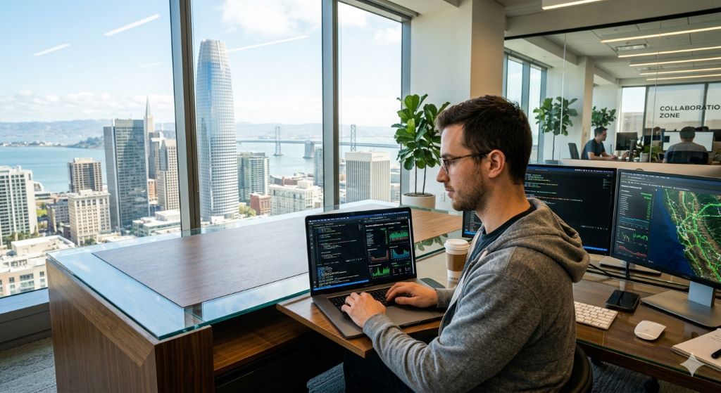 Software engineer debugging a responsive website interface on multiple screens in California