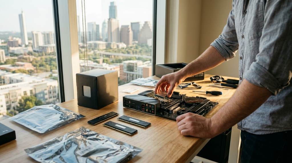 Fast gaming PC components arranged before assembly