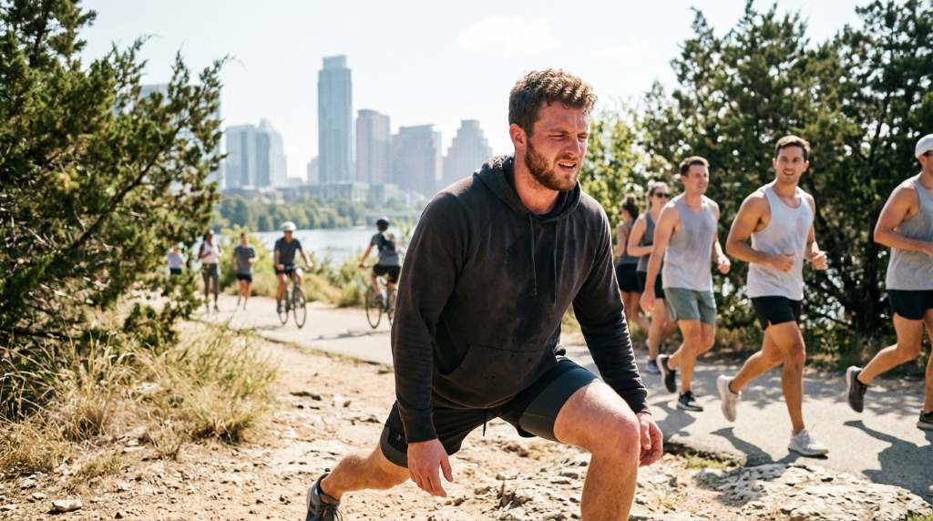 Fitness photographer capturing outdoor workout portraits in Austin park