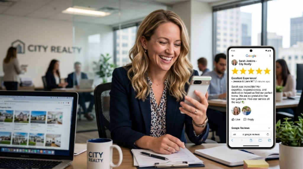 Real estate agent receiving five-star online review on smartphone screen