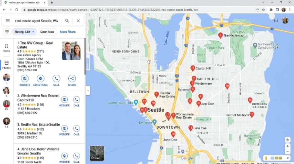 Google Business Profile map results showing real estate agent listings