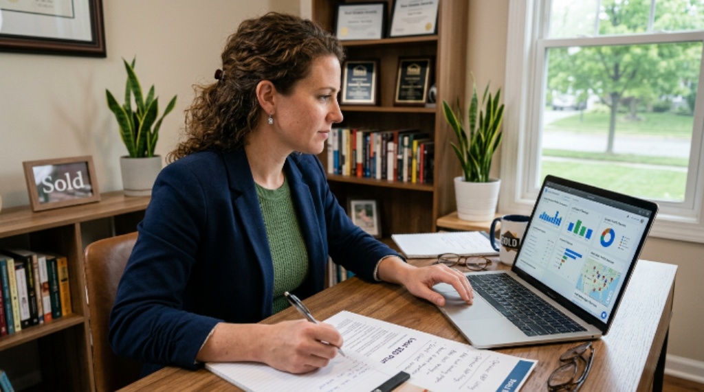 Real estate agent reviewing local SEO strategy on laptop in home office