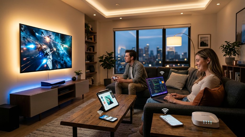 High-performance Wi-Fi router on a desk next to a configuration smartphone